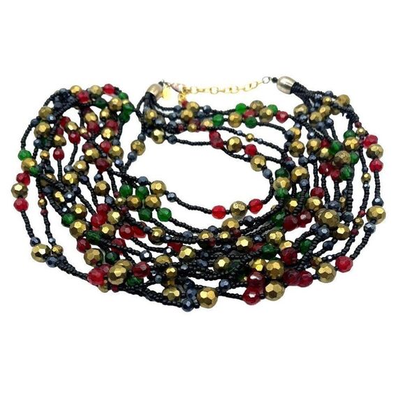 Joan Rivers Multi Strand Beaded Torsade Necklace Vintage 35” Red Green Gold Blk - Picture 1 of 4